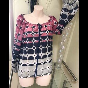 MISS SIXTY Vintage GeoGraphic Print Flowy Top Puffy Sleevs Tunic Balloon Blouse